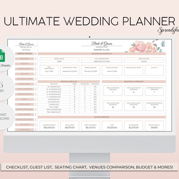 Wedding Planner Spreadsheet, Wedding Budget, Wedding Checklist, Wedding Guest List, Wedding Template Google sheets Wedding Timeline, Digital