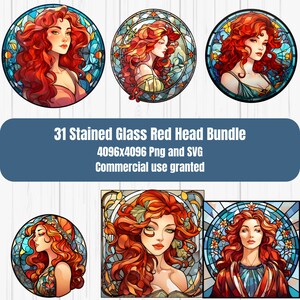 Könnte beinhalten: Ein Bündel von 31 Buntglasbildern mit rothaarigen Frauen mit komplizierten Designs. Die Bilder sind in einem runden Rahmen mit einem Buntglasseffekt. Der Text "31 Stained Glass Red Head Bundle 4096x4096 Png and SVG Commercial use granted" wird unter den Bildern angezeigt.