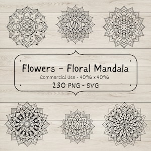 Lot de mandalas floraux - 230 fleurs PNG/SVG, fond Transparent, pack d'artisanat à usage commercial, géométrie divine