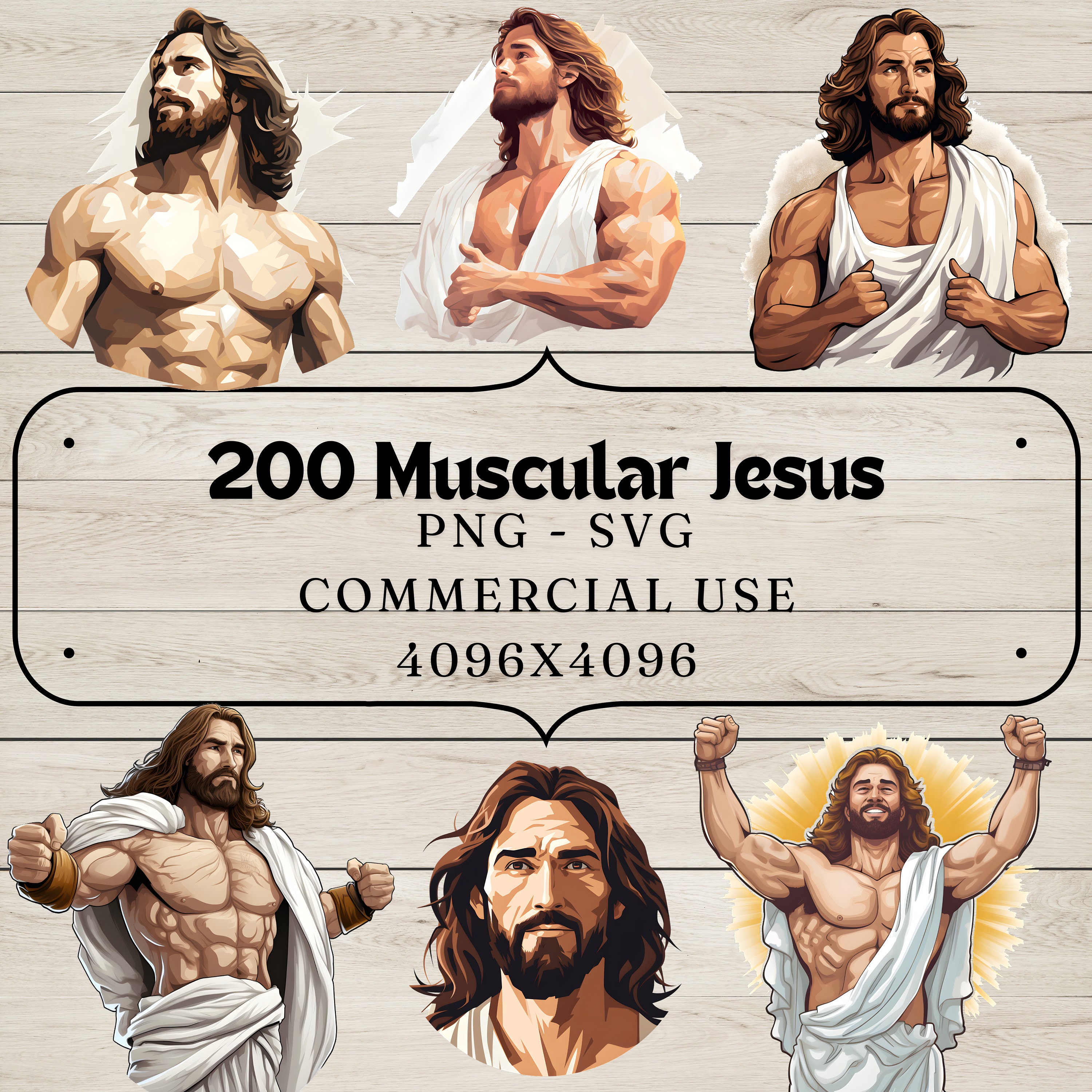 Muscular Jesus Clipart Bundle: 200 PNG & SVG Religious Designs (digital ...