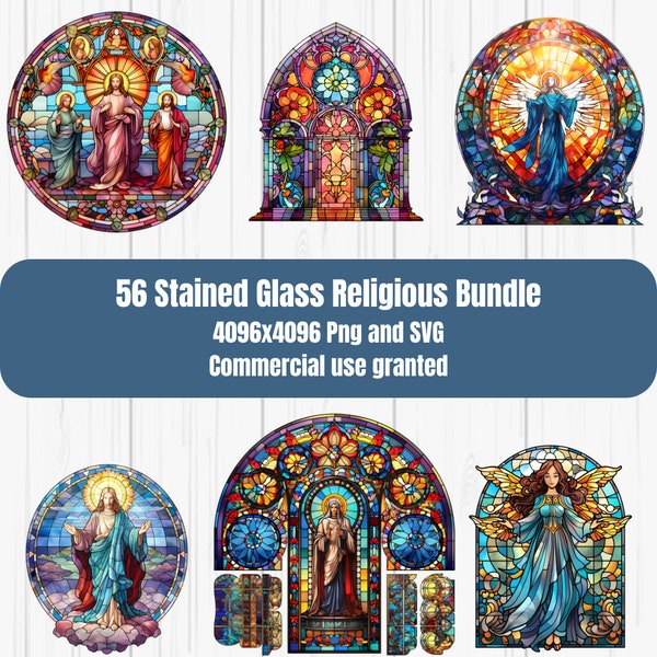 56 Stained Glass Religious PNG Clipart, Watercolor Stained Glass Religious Theme PNG Bundle Set, Stained Glass Illustration, Digital Paper