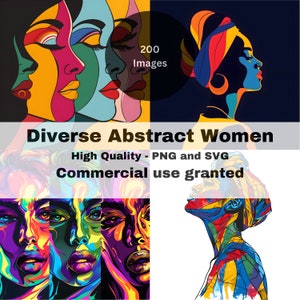 Impresión de mujer colorida, rostro de mujer, arte de pared imprimible, póster de rostro femenino diverso, descarga abstracta, decoración del hogar, retrato de niña, arte vectorial PNG SVG