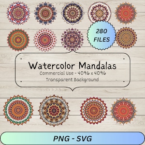 280 bundel aquarel mandala's, levendige kleuren, unieke ontwerpen om af te drukken, commercieel gebruik, png-/svg-downloads