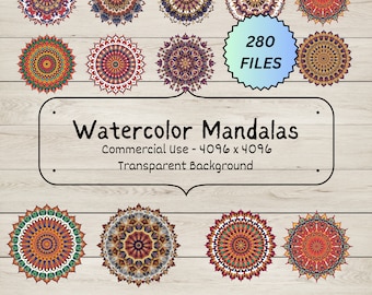 280 Watercolor mandala clipart bundle, vibrant colors, unique designs for printing, commercial use, PNG SVG downloads