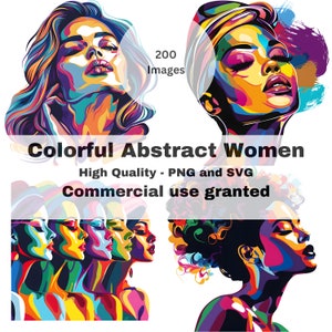 Paquete de imágenes prediseñadas de mujeres abstractas y coloridas: representaciones diversas, impresiones de niñas, uso comercial, retrato femenino