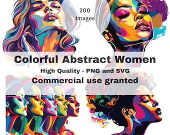 Peut inclure: Une collection de 200 illustrations abstraites de femmes colorées. Les images sont dans une variété de poses et de styles, avec des couleurs vibrantes et des lignes audacieuses. Le texte "Colorful Abstract Women" est affiché en bas de l'image. Le texte "High Quality - PNG and SVG" est affiché sous le titre. Le texte "Commercial use granted" est affiché sous la description de la qualité.