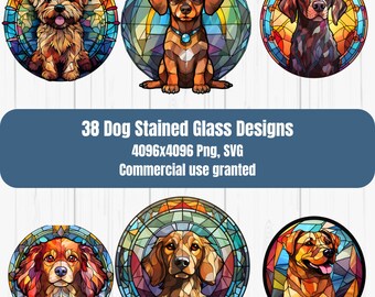 38 Dogs and Puppies Stained Glass Bundle PNG - High-Resolution - Commercial Use, Stained Glass PNG, Digital Paper, Dog portrait