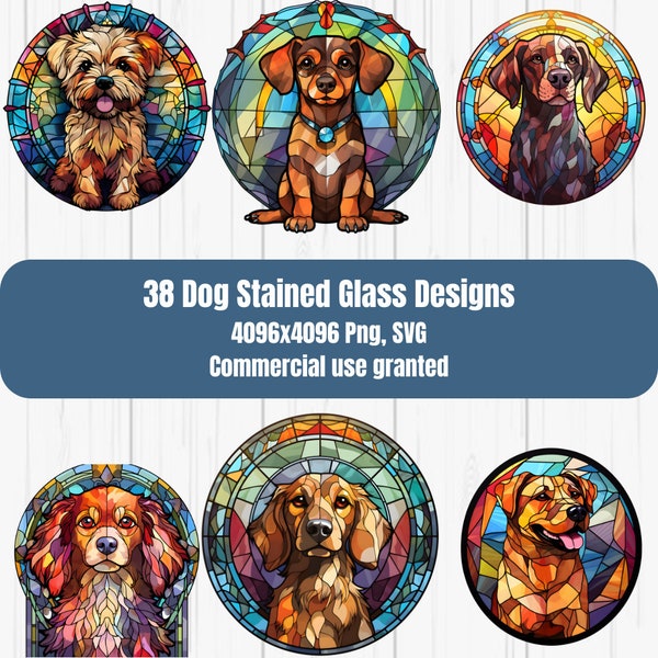 38 Dogs and Puppies Stained Glass Bundle PNG - High-Resolution - Commercial Use, Stained Glass PNG, Digital Paper, Dog portrait