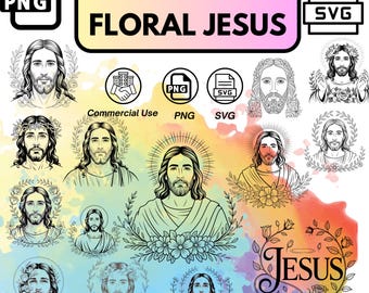 Dessin au trait Jésus SVG : design floral chrétien, Cricut et sublimation