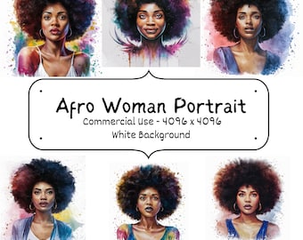 Watercolor Afro Woman Portrait Clipart: African American Illustrations (PNG)