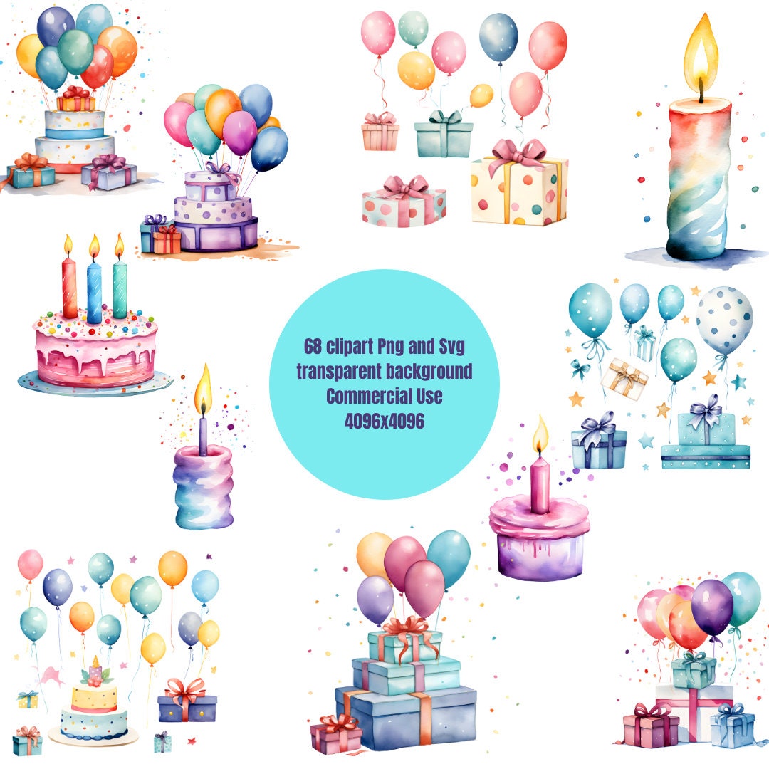 Watercolor Birthday Clipart: Balloons, Cake, Presents (PNG, SVG ...