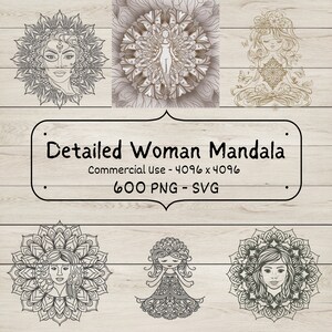 600 種類のユニークな女性マンダラ PNG SVG ファイル、DIY プロジェクト向けの多様なスタイル、クリエイティブなギフトに最適、クリカット、印刷可能、女性らしいアート