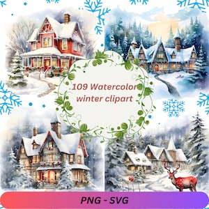 109 Winter watercolor clipart bundle, christmas illustration, snow svg, seasonal png, church art, house vector, digital download