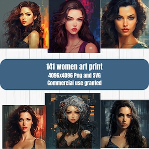 Puede incluir: Una impresión de arte digital que presenta 141 retratos de mujeres con diferentes peinados y expresiones. La impresión está disponible en formatos PNG y SVG y tiene un tamaño de 4096x4096 píxeles. Se concede el uso comercial.