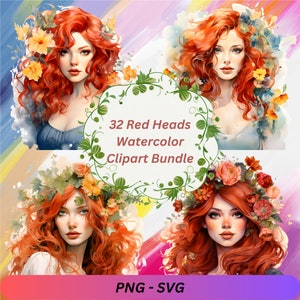 32 Pacote de clipart de mulheres ruivas florais - Ilustração em aquarela, Retrato colorido brilhante, Coroa de flores, natureza e feminilidade