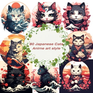 May include: A collection of 80 Japanese cats in an anime art style. The cats are depicted in various poses and expressions, with some wearing traditional Japanese clothing. The images are set against a variety of backgrounds, including cherry blossoms, mountains, and waves.