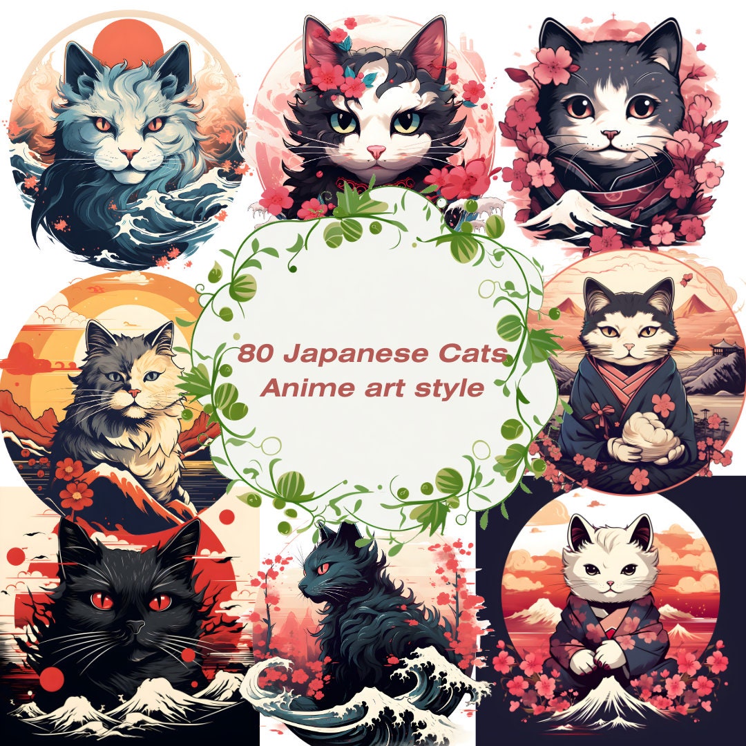 Artistic Japanese Cat Clipart Set, Manga Inspired Feline Designs for Digital Crafting, Ideal Gift for Anime Fans and Cat Lovers, kawaii neko