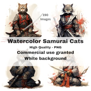 190 Watercolor Samurai cats - Japanese neko PNG prints - white background - commercial use - A.I wall art