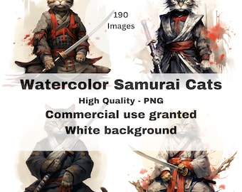190 Watercolor Samurai cats - Japanese neko PNG prints - white background - commercial use - A.I wall art
