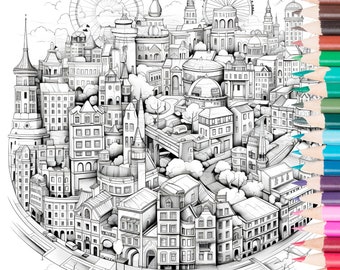詳細な都市の塗り絵：アートセラピーリラクゼーション（PDF A4