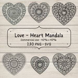 Lot de mandalas coeur d'amour - 230 fichiers SVG et PNG pour projets de créations DIY - cadeau parfait pour la Saint-Valentin - fichiers de coupe pour Cricut - décoration d'intérieur