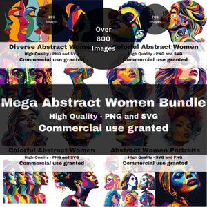 Paquete de imágenes prediseñadas de mujeres abstractas y coloridas: representaciones diversas, impresiones de niñas, uso comercial, retrato femenino