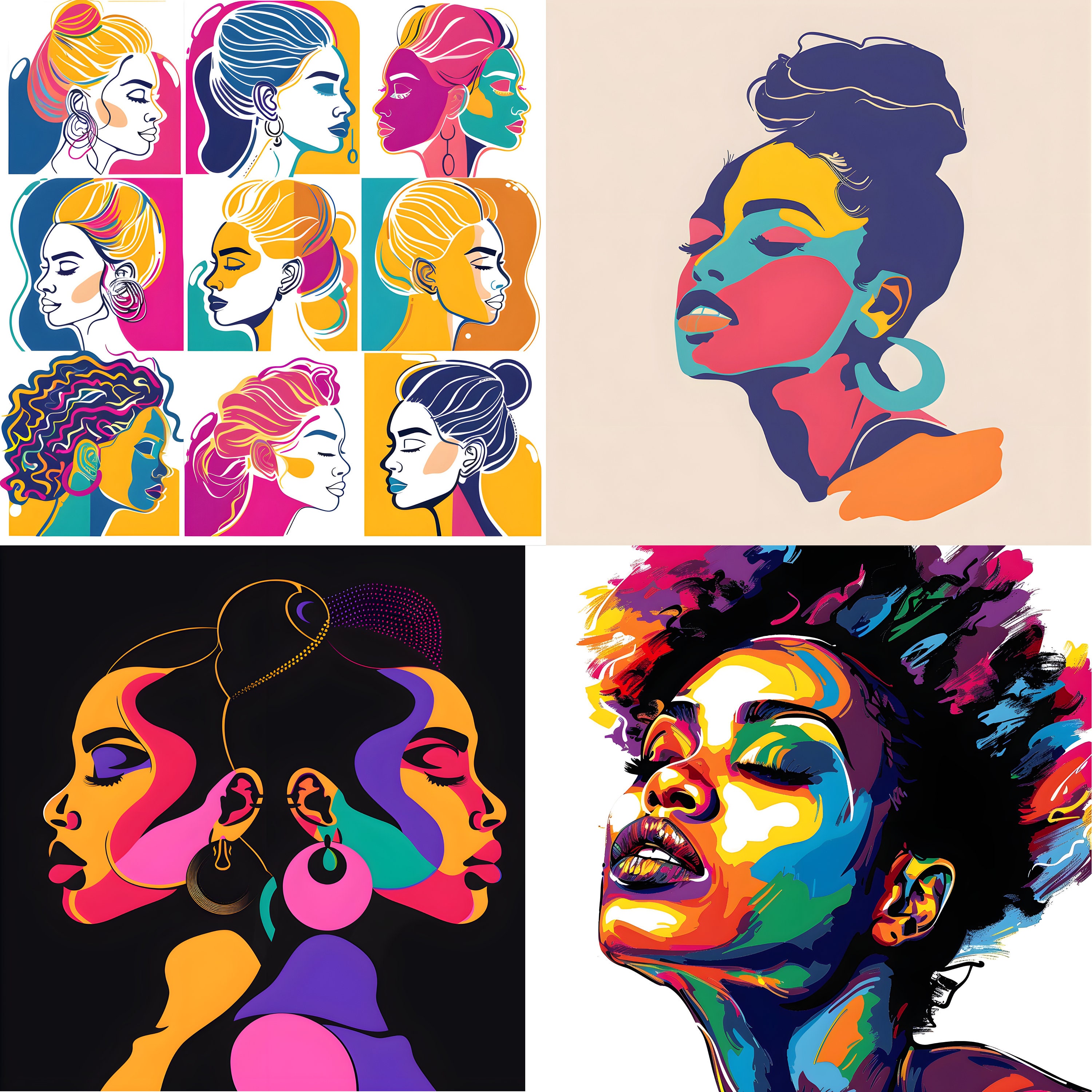 カラフルな抽象的な女性アート：多様な女性の肖像画（PNG SVG） - Etsy
