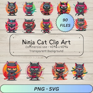 90 Ninja cat clipart bundle, feline cartoon design, anime neko logo, funny pet art, japanese culture, commercial use