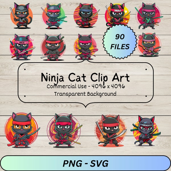 90 Ninja cat clipart bundle, feline cartoon design, anime neko logo, funny pet art, japanese culture, commercial use