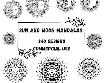 Lot de mandalas soleil et lune SVG PNG : fichiers coupe bohème céleste