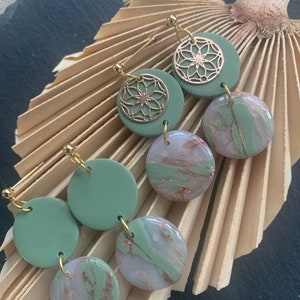 Handgemachte Ohrringe| Polymerton| Clay| Salbei Grün Marmor| modern| Geschenk Freundin| Feier| Goldelement| Mandala