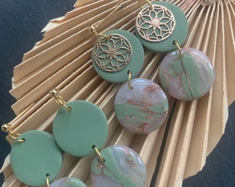 Handmade Earrings| polymer clay| Clay| Sage Green Marble| modern| gift girlfriend| Celebration| gold element| Mandala