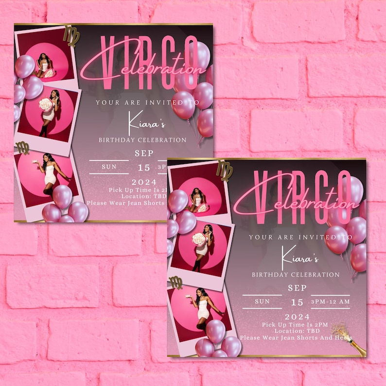 May include: A pink and black birthday invitation for a Virgo celebration. The invitation features a photo collage of a woman in a white dress with pink balloons. The text reads "Virgo Celebration" and "Kiara's Birthday Celebration". The date is September 15, 2024.