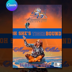 Puede incluir: Diseño gráfico digital con el logotipo de la Universidad Estatal de Savannah y el texto "OH SHE'S TIGER BOUND", "Maya Miles" y "CLASS OF 2026". El diseño presenta colores naranja y azul, con una persona en primer plano.