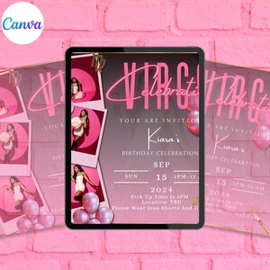 May include: A pink and gold birthday invitation for a Virgo celebration. The invitation features a photo collage of a young woman in different poses, with the text "Kiara's Birthday Celebration" and the date "Sep 15, 2024".