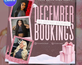 Roze boekingsflyer, boekingsflyer december, flyersjabloon vlechthaar, nageltechniek, kerstflyer, canvassjabloon