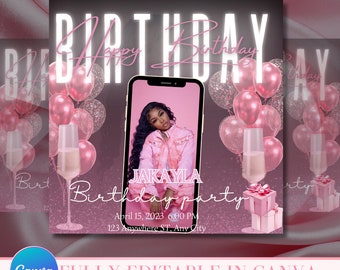 Puede incluir: Una invitación de fiesta de cumpleaños rosa y negra con una foto de una mujer con una chaqueta rosa. La invitación incluye el texto "BIRTHDAY", "JAKAYLA Birthday party", "April 15, 2023 6:00 PM", y "123 Anywhere ST, Any City".