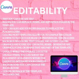 May include: A pink brick wall background with white text describing the editability features of Canva. The text reads: "TEXT: YOU CAN EDIT ANY TEXT IMAGES: YOU CAN REPLACE, RESIZE, AND REPOSITION IMAGES IN THE TEMPLATE. YOU CAN ALSO ADD YOUR OWN IMAGES TO REPLACE THE PLACEHOLDERS. COLORS: MOST TEMPLATES ALLOW YOU TO CHANGE THE COLOR SCHEME TO MATCH YOUR BRAND OR PREFERENCES. THIS INCLUDES BACKGROUND COLORS, TEXT COLORS, AND ACCENT COLORS GRAPHICS AND ICONS: YOU CAN MOVE, RESIZE, OR REMOVE ANY GRAPHICS, ICONS, OR SHAPES THAT ARE PART OF THE TEMPLATE. LAYOUT: WHILE THE OVERALL LAYOUT IS USUALLY FIXED, YOU CAN ADJUST THE PLACEMENT OF ELEMENTS WITHIN THE LAYOUT TO BETTER FIT YOUR CONTENT. BACKGROUND: YOU CAN CHANGE THE BACKGROUND COLOR OR IMAGE IF THE TEMPLATE INCLUDES ONE."