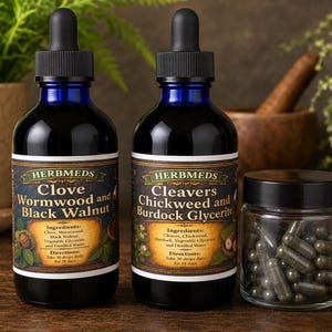 May include: Two dark blue glass dropper bottles with labels reading Herbmeds Clove Wormwood and Black Walnut and Cleavers Chickweed and Burdock Glycerite, alongside a small clear glass jar filled with dark green capsules on a wooden surface.