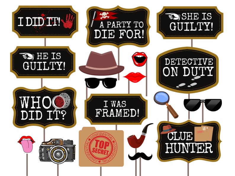 Printable Murder Mystery Party Props, Murder Mystery Party, Party Photobooth Props, Adult Party Props, Murder Mystery Party Props, Murder Mystery Photo Booth Props, Murder Mystery Party Ideas, Murder Mystery Party Decoration