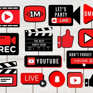 May include: A set of 12 red and black YouTube themed party props. The props include a play button, a clapperboard, a thumbs up, a subscribe button, a live button, a 1M subscriber button, a camera, a microphone, and an OMG sign.
