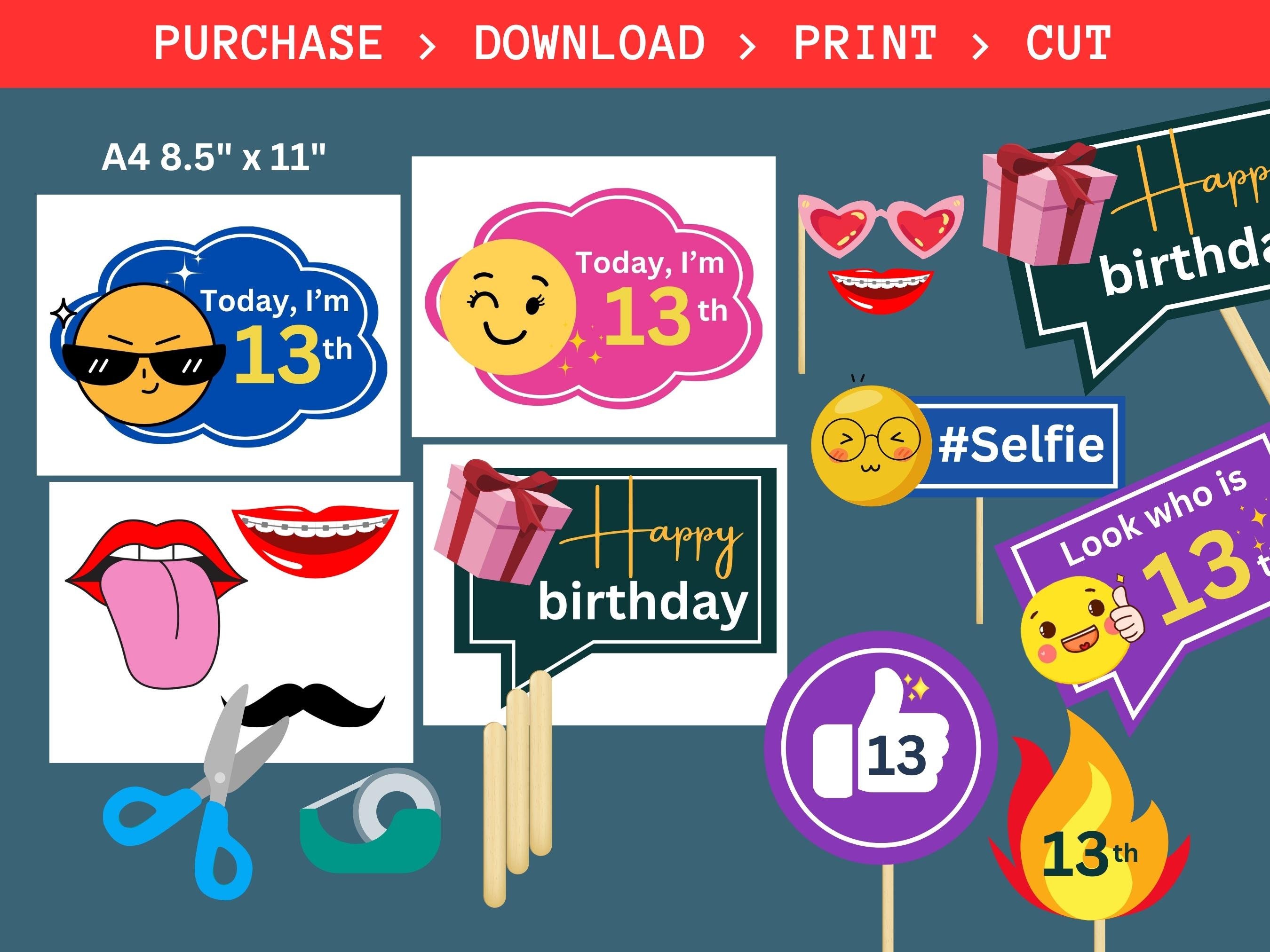 Printable 13th Birthday Photobooth Props, 13th Birthday Party Props ...
