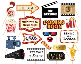 May include: A set of 14 printable movie night photo booth props. The props feature a variety of movie-themed designs, including popcorn, a film reel, a clapperboard, a ticket, a director's megaphone, and a VIP pass. The props are perfect for adding a fun and festive touch to your next movie night party.