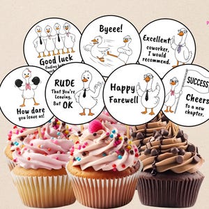 Könnte beinhalten: Ein Set aus sieben runden Cupcake-Toppern mit Cartoon-Gänsen, die verschiedene Ausdrücke zeigen, sowie Texten wie Good luck, Byeee!, Excellent coworker, How dare you leave us!, RUDE, Happy Farewell und SUCCESS Cheers! to a new chapter.