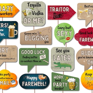 May include: A set of 14 funny farewell party photo booth props with sayings like "Crazy Co-workers", "Good Luck & Farewell", "See You Later", and "Keep in Touch".