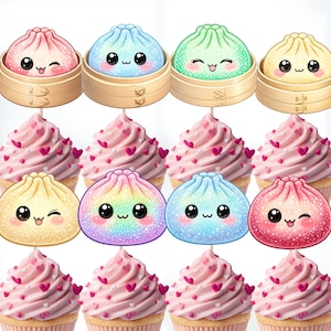 May include: A collection of cupcake toppers featuring cartoon dumplings with smiling faces. Four dumplings are in bamboo steamers, while four others are flat, colorful, and glittery. Below them are eight cupcakes with pink frosting and small red heart sprinkles.