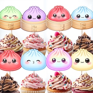 Può includere: Una collezione di decorazioni per cupcake raffiguranti gnocchi in stile cartone animato con facce kawaii in vari colori come verde, viola, rosso, blu, rosa e giallo, alcuni in cestini di bambù, intervallati da cupcake glassati.