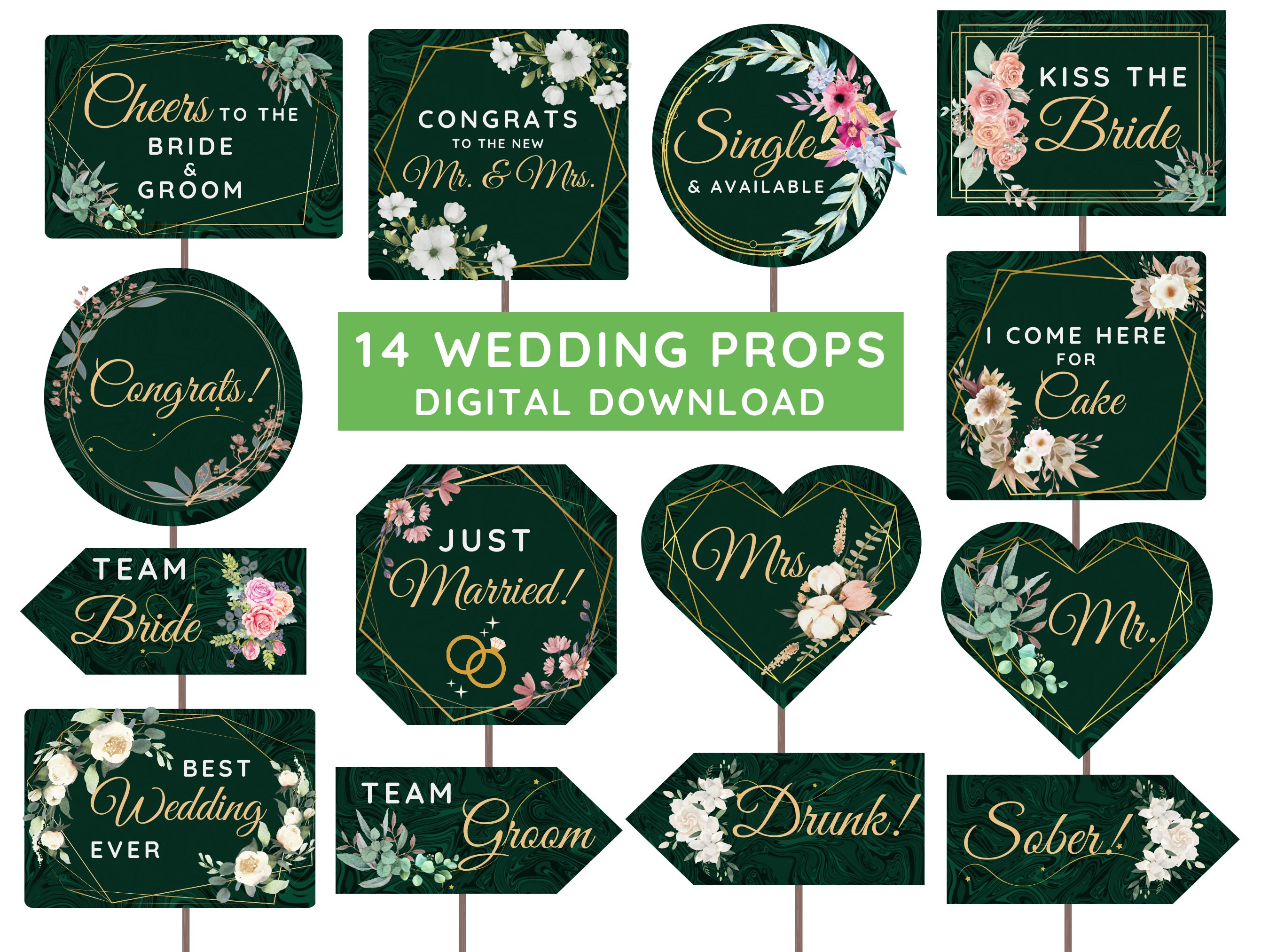 エメラルドグリーンのウェディングフォトブース小道具：エレガントな