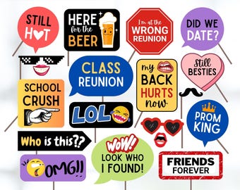 Accesorios imprimibles para fiesta de reunión de exalumnos, letreros para fotomatón de reunión de bachillerato, decoraciones divertidas para reunión de exalumnos, accesorios para selfies de reunión de bachillerato