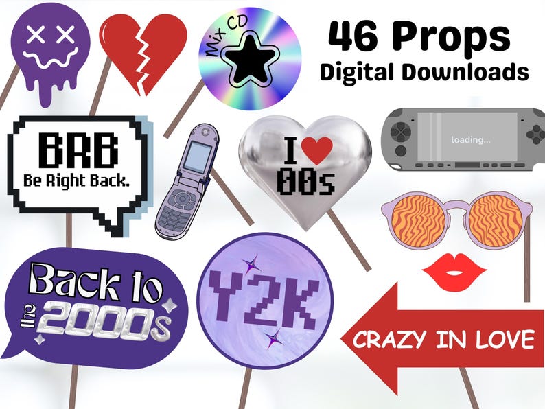 2000s Party Props Printable, Y2K Party Photo Props, Y2K 2000s Party Props, 00s Party Themed, 2000s Photobooth Props, I Love the 00s Party, Y2K Photobooth Props